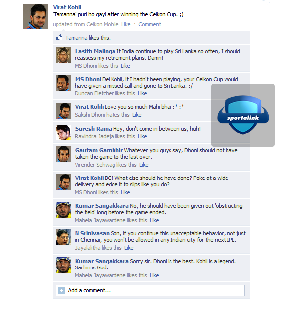 Fake FB Wall - Virat Kohli after winning the Celkon Cup