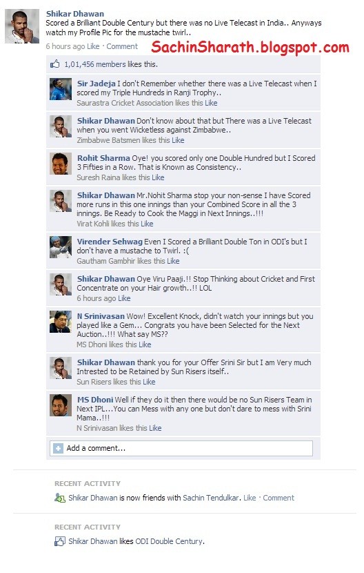 FAKE FB WALL: Shikar Dhawan Updates his Wall After Scoring an ODI Double Century.