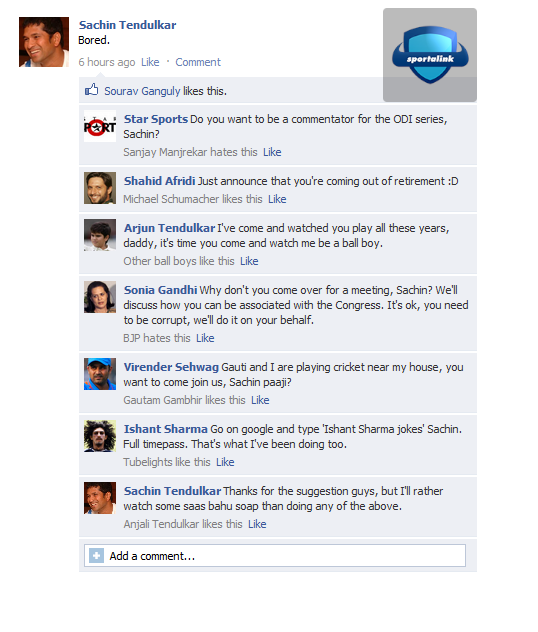 FAKE Facebook Wall - Sachin Tendulkar is bored at Home