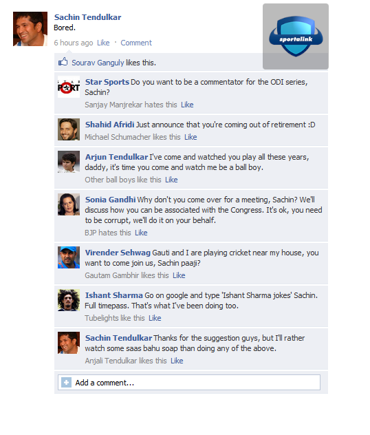 Sachin is BORED and updates his facebook wall :P